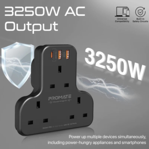 Promate 3250W Charging hub with 3 AC Sockets, 20W PD
