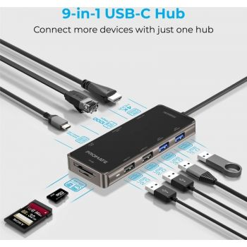Promate Compact Multiport 9 IN1 USB-C Hub with 100W Power Delivery